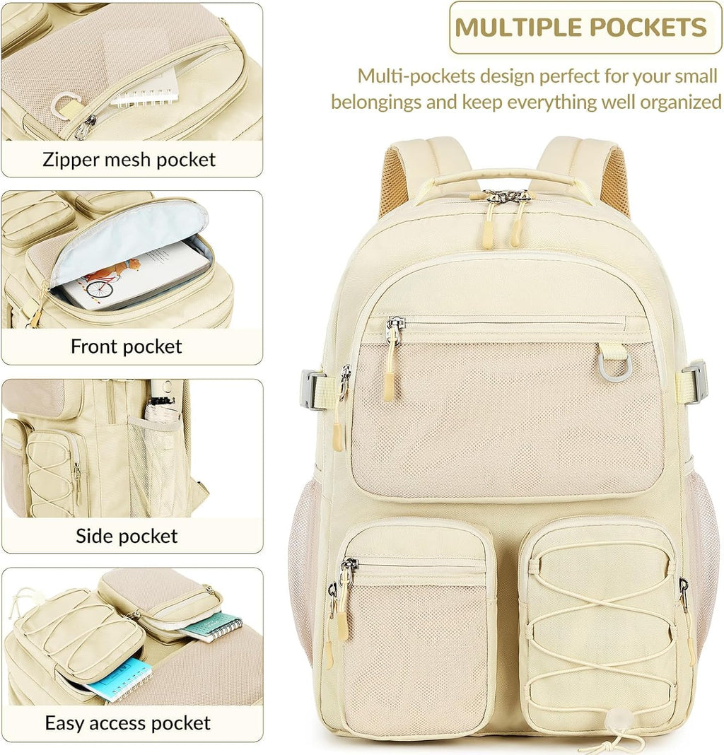 Lohol Water Resistant Backpack with Mulitiple Pockets for School Travel Outdoor College, 15.6 inch Laptop Bookbag for Girls and Women (Beige)