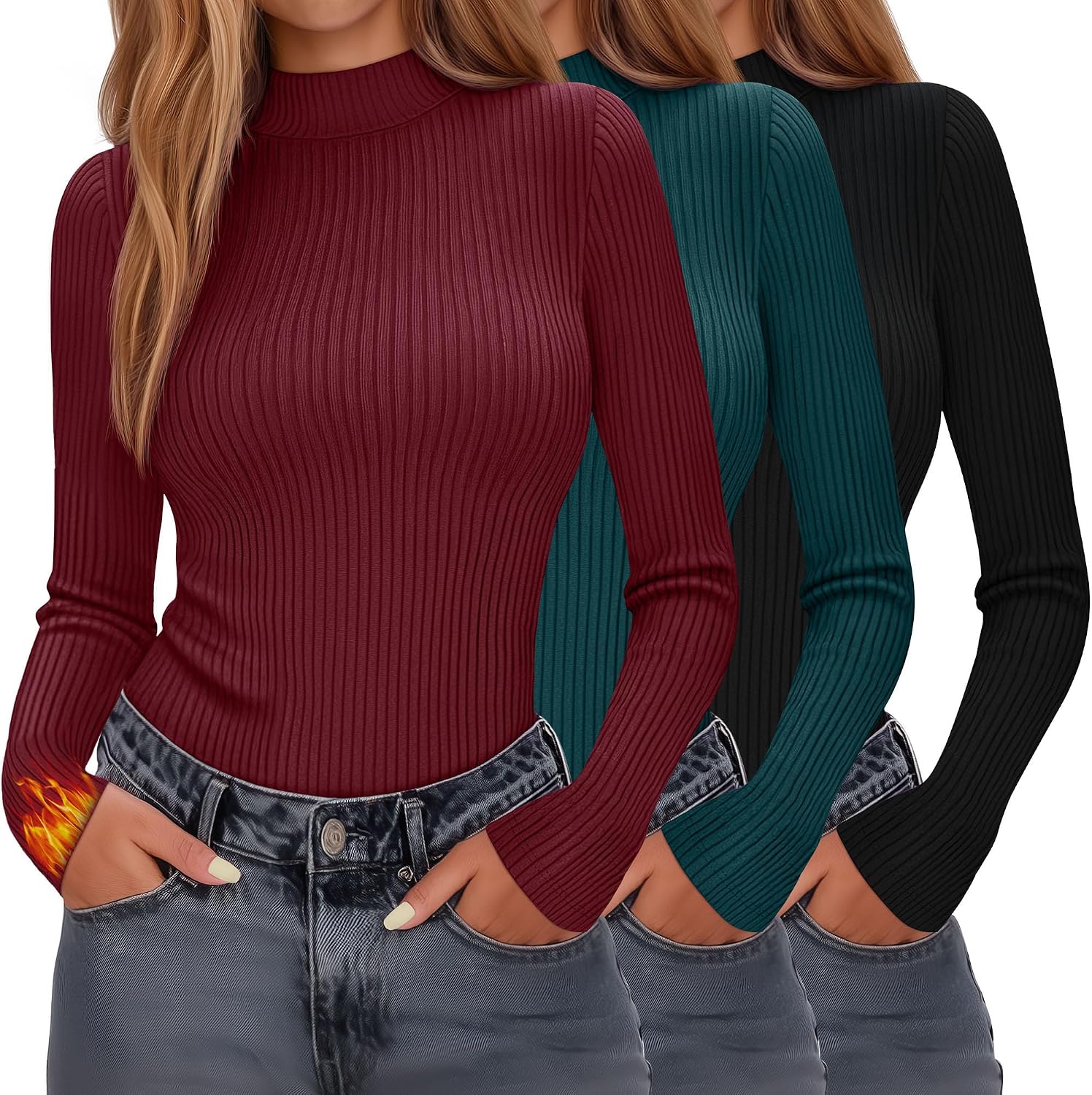 Evervibe 3 Pack Women's Ribbed Mock Neck Thermal Tops