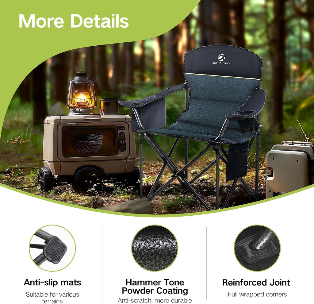 Folding Camping Chair Oversized 2 Pack Lawn Chair W/ Cooler Bag, Cup Holder