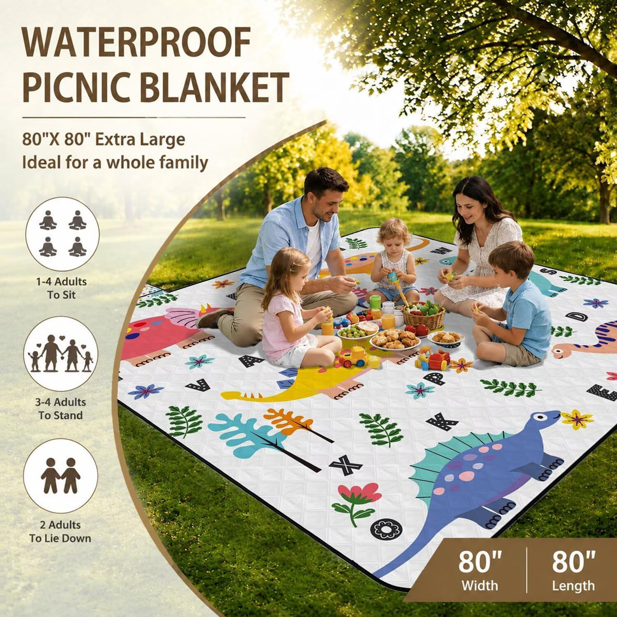 Extra Large Picnic Blanket Waterproof Beach Blanket 80"x 80" Outdoor Camping Mat Foldable Outdoor Blanket Picnic Mat Suitable for Park, Indoor Crawling, Lawn, Garden, Patio, Music Festival(Dinosaur)