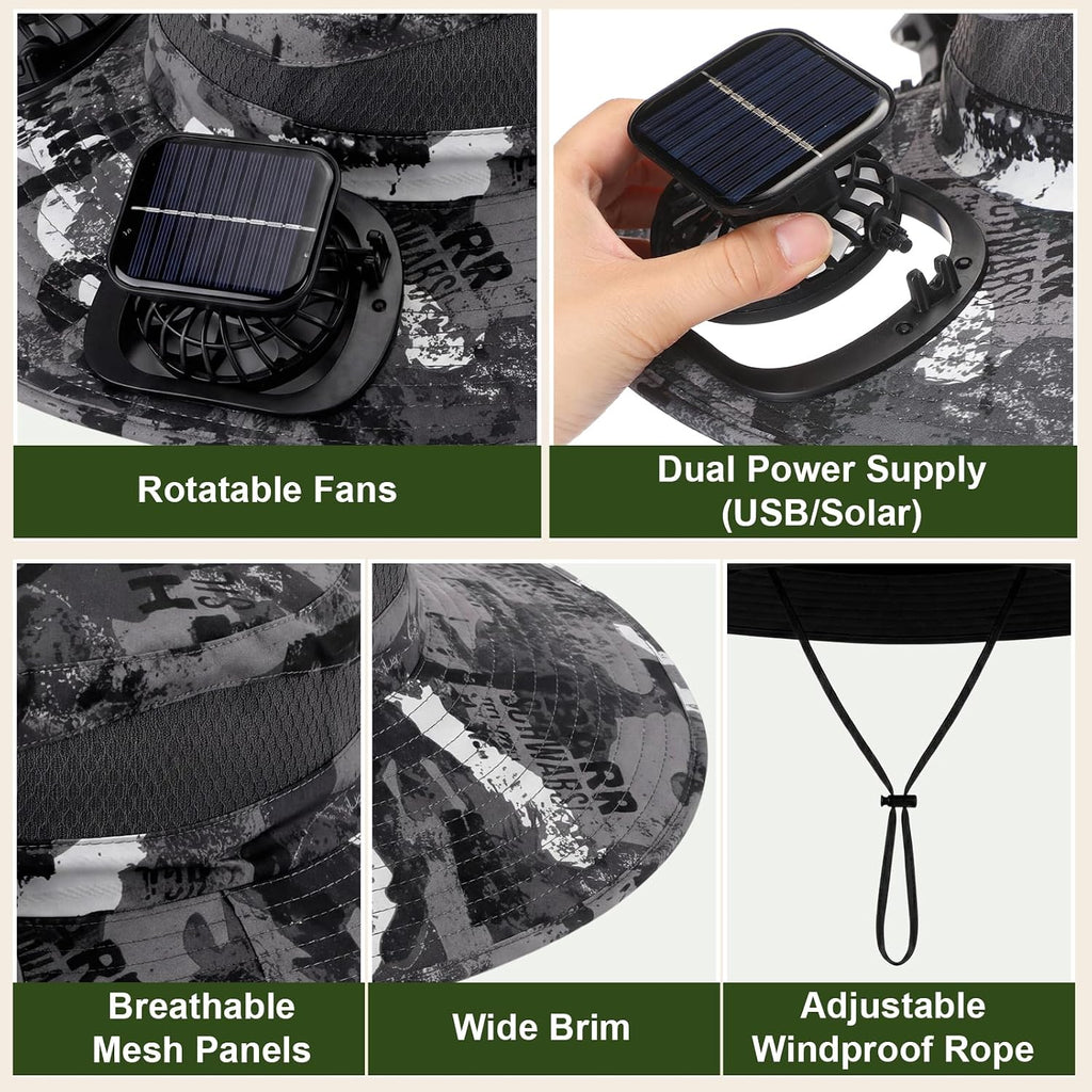 Syhood Solar Powered Fan Hat Neck Gaiter Arm Sleeves Sun Bucket Hat with Fan Cooling Wide Brim Hats for Fishing Hiking
