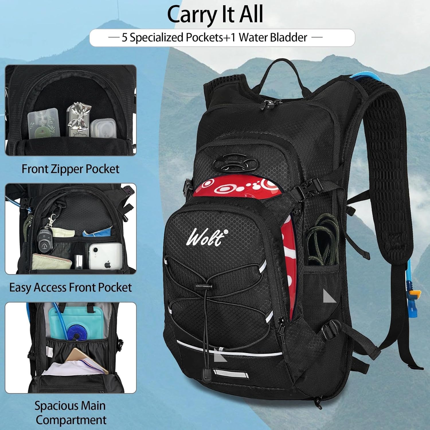 WOLT Hydration Backpack 18L Hiking Water Backpack with 2L Water Bladder for Men Women, Hydration Pack for Running Cycling Biking and Climbing