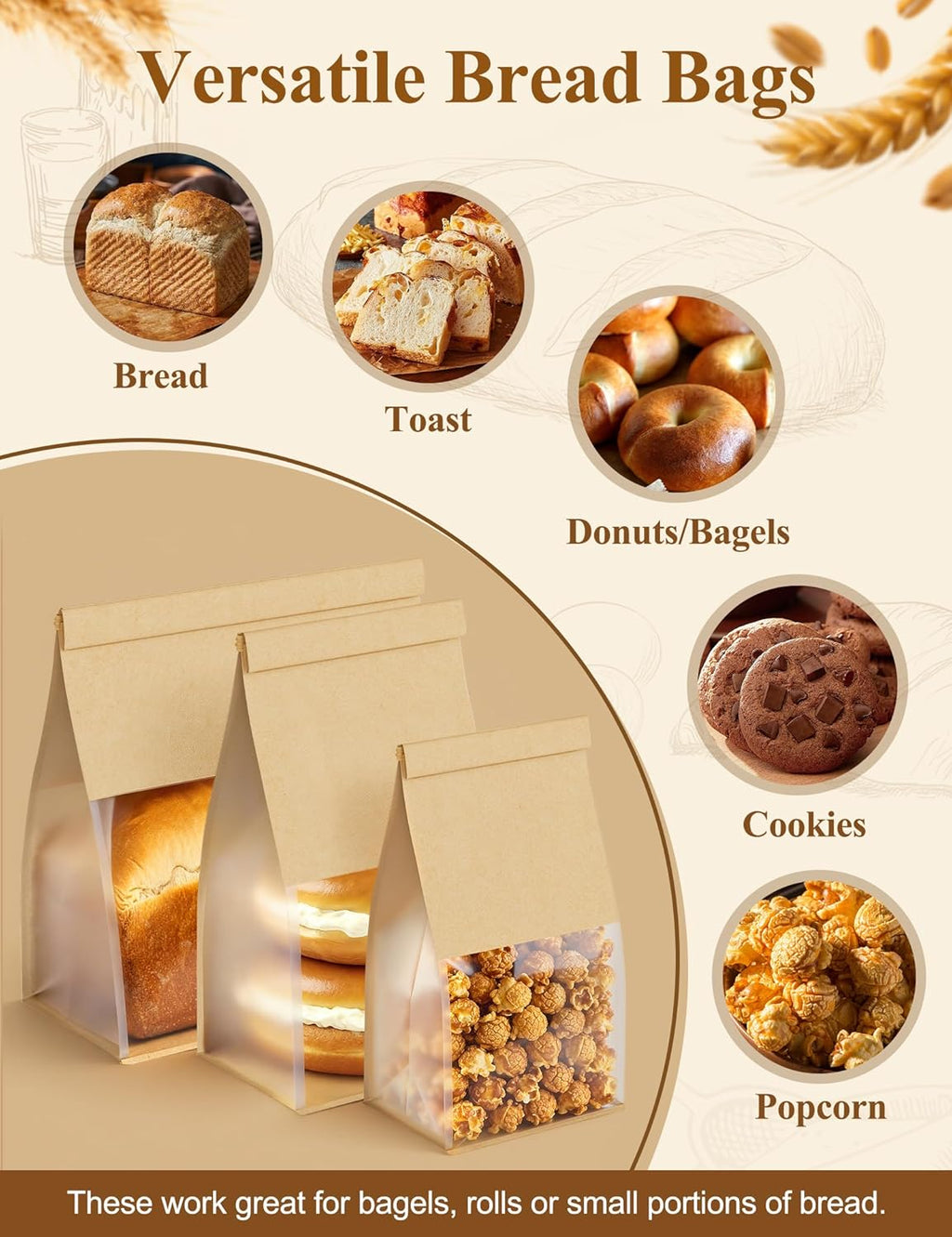FireKylin Bread Cookie Bags with Window & Tin Tie,3.9x3.1x8.2 (100,Small)