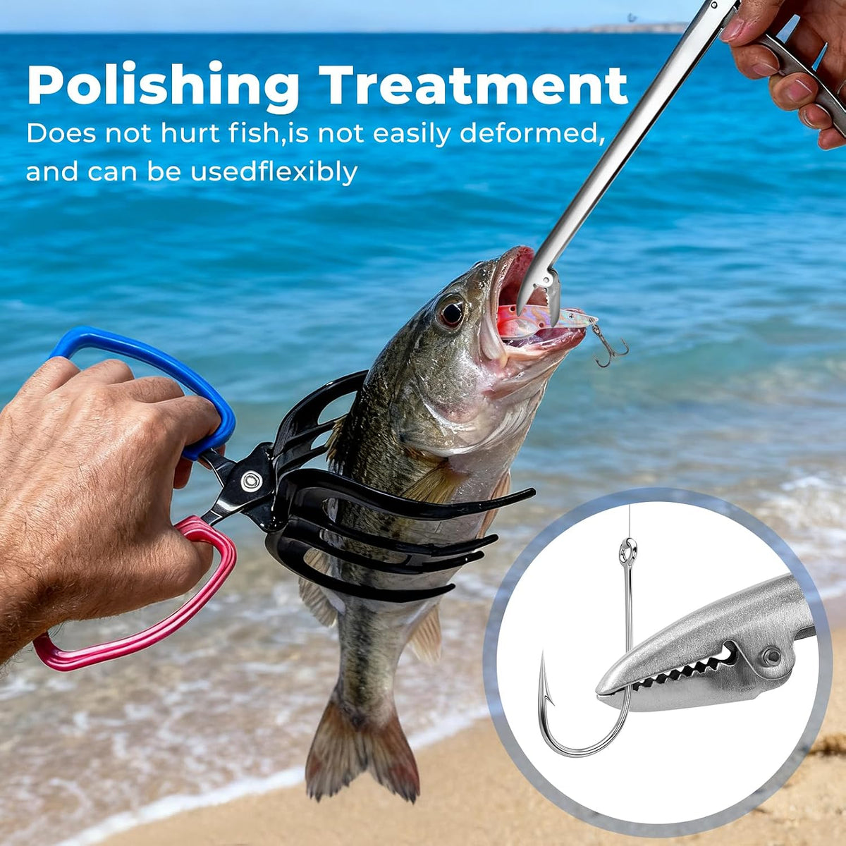 3 Packs Upgrade 2/3 Claw Fish Gripper with Stainless Steel Hook Remover, Metal Fishing Pliers Gripper Catch Control Clamp,Fish Grip Tackle Holder & Steel Dehooker for Freshwater and Saltwater Fishing