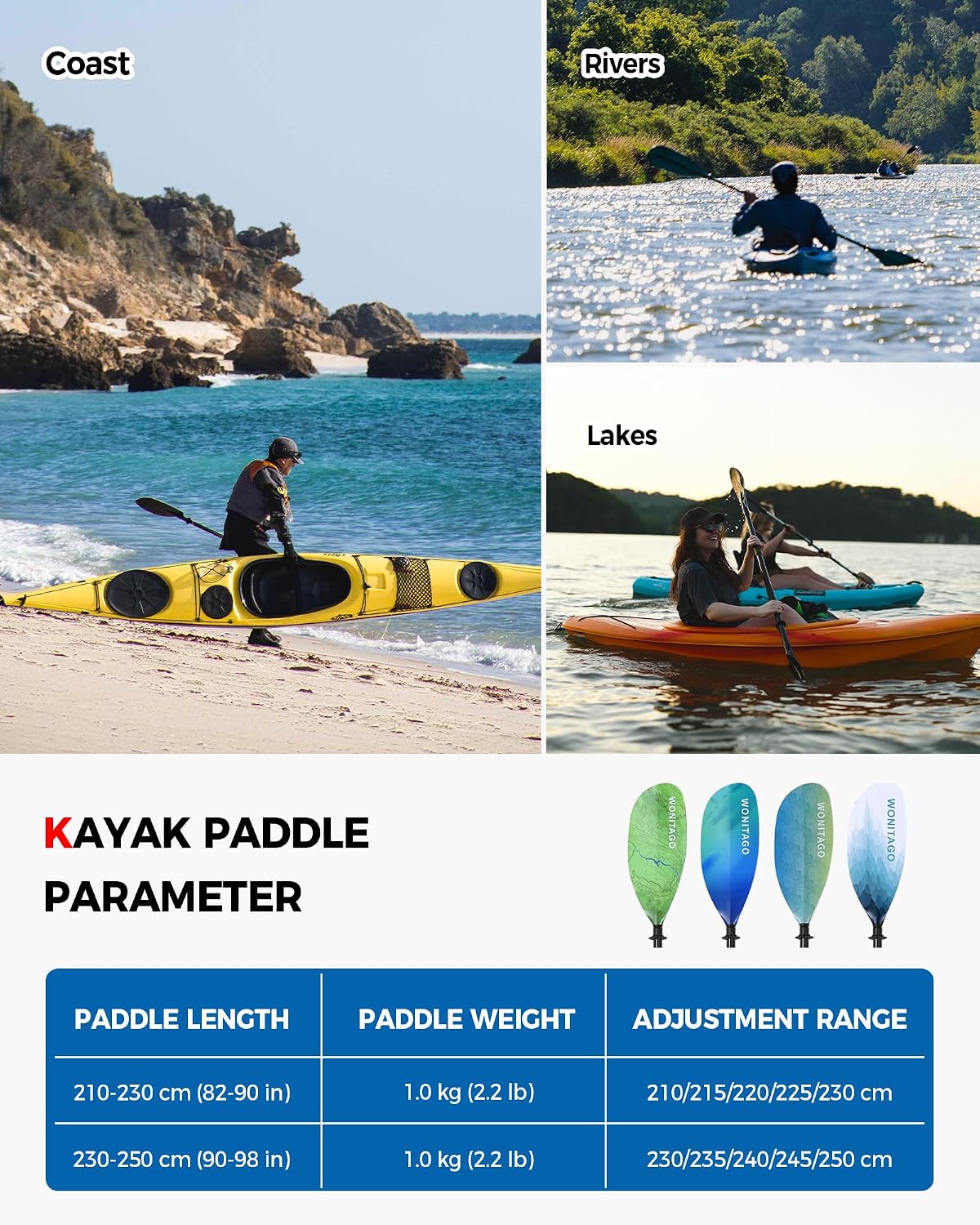 Adjustable Kayak Paddle with Carbon Fiber Shaft and Nylon Blade