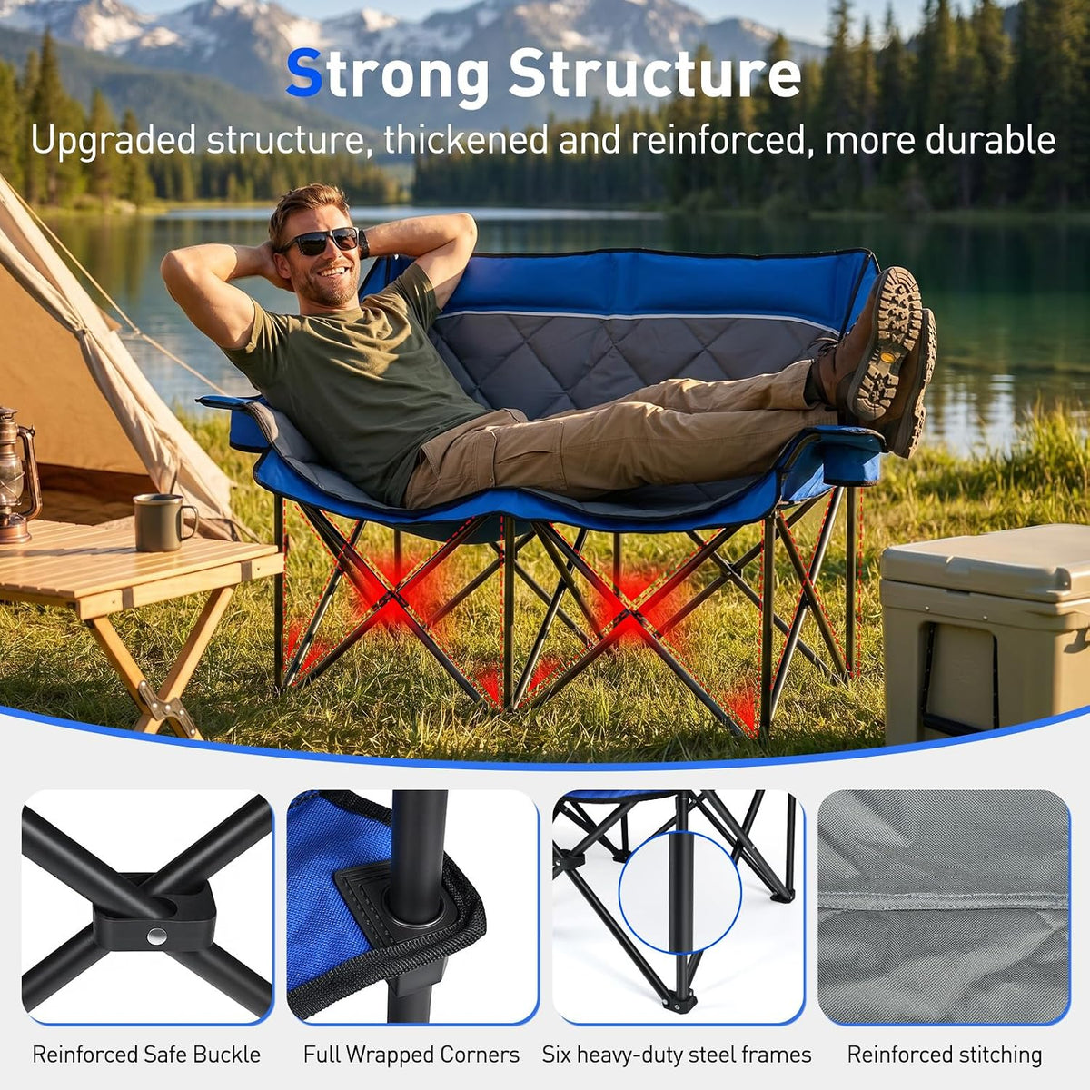 Double Camping Chair, Heavy Duty Folding Loveseat Camping Chairs, Blue