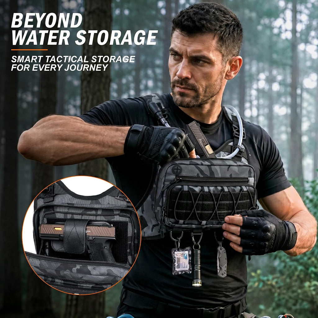 BECOJADDE Running Vest for Men with 2L Water Bladder Tactical Hydration Backpack Adjustable Lightweight Chest Pack for Marathon Hunting Cycling