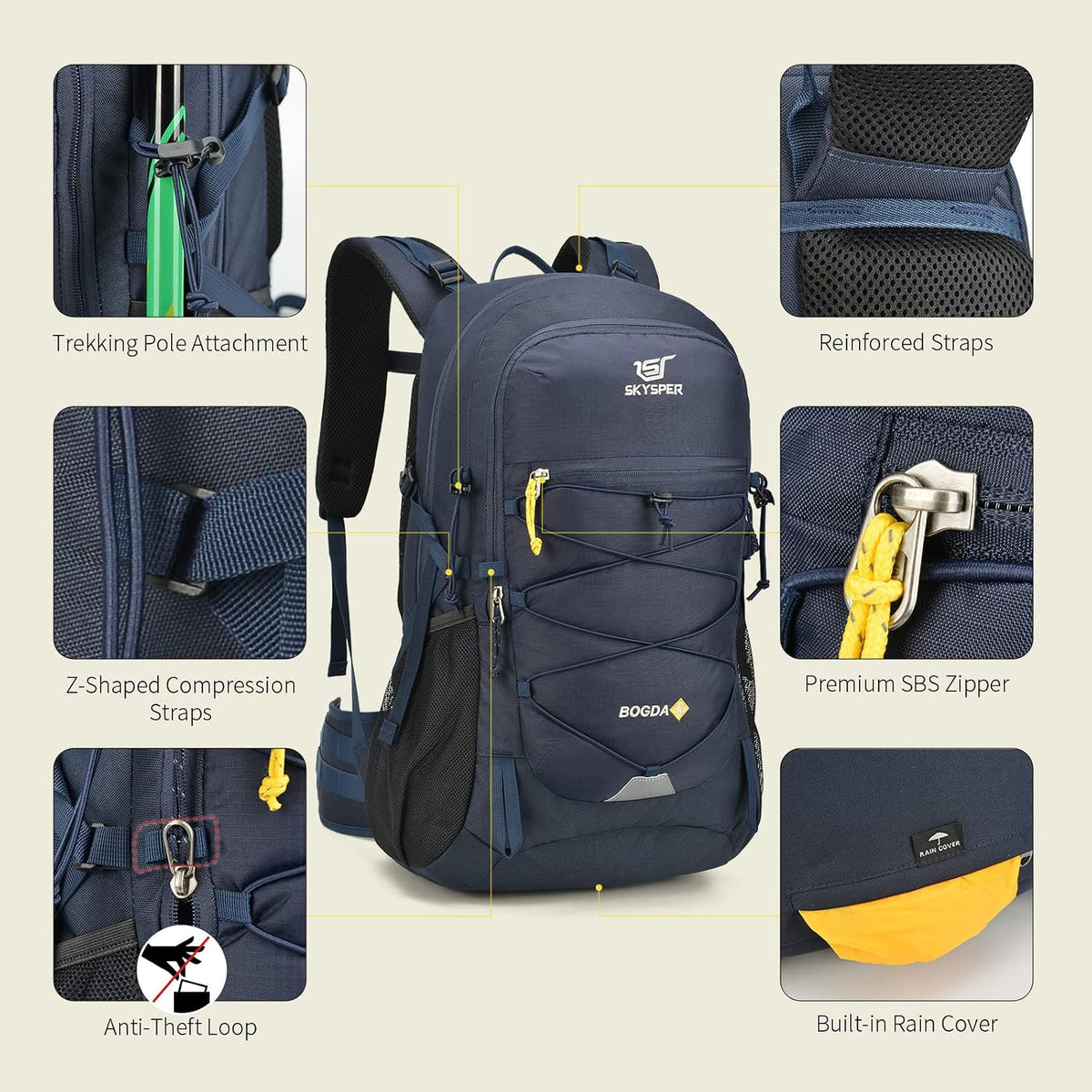 SKYSPER Hiking Backpack for Men Women, 35L Lightweight Travel Daypack, Outdoor Camping Back Pack with Multiple Compartments, Durable for Weekend Getaway