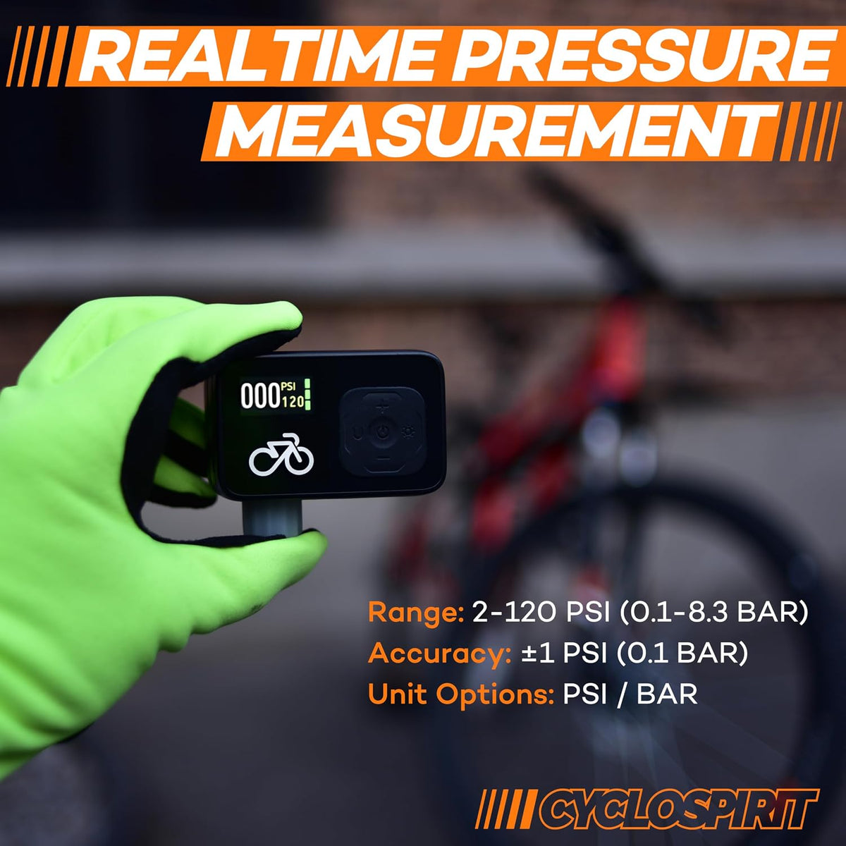 CycloSpirit Mini Electric Bike Pump with Digital Gauge, 120 PSI, Auto Shutoff at the Selected Pressure, USB-C, Presta & Schrader Compatible