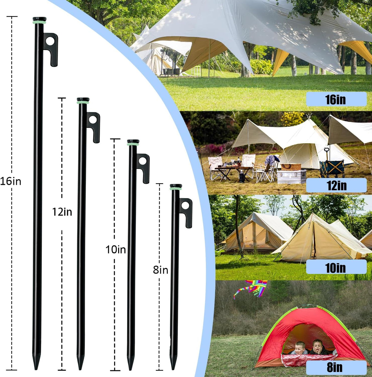 12 Pack Tent Stake with Hammer, 16in Heavy Duty Tent Stakes + 10in Camping Hammer+Storage Pouch, Forged Steel Tent Stakes for Camping Used on Rocks(12 Pack 16in Stakes+Hammer