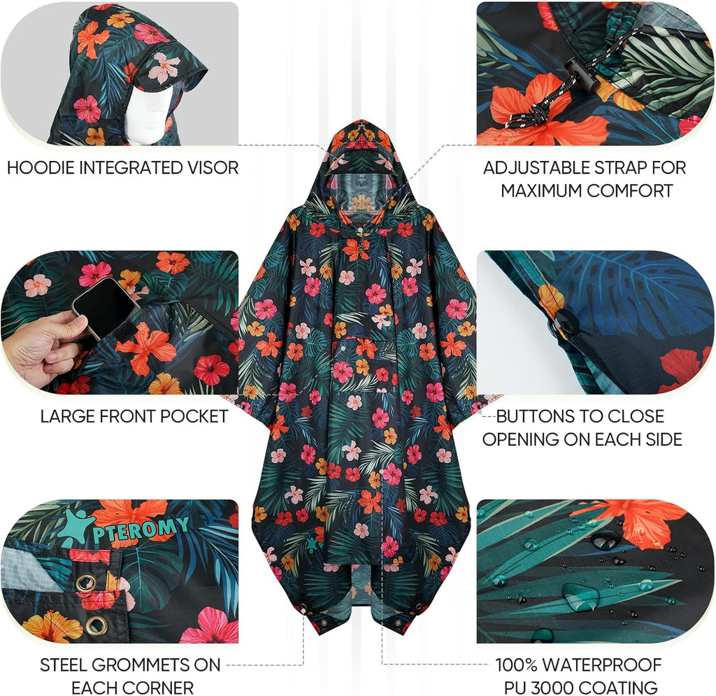 PTEROMY Hooded Rain Poncho for Adults, Reusable Waterproof Raincoat