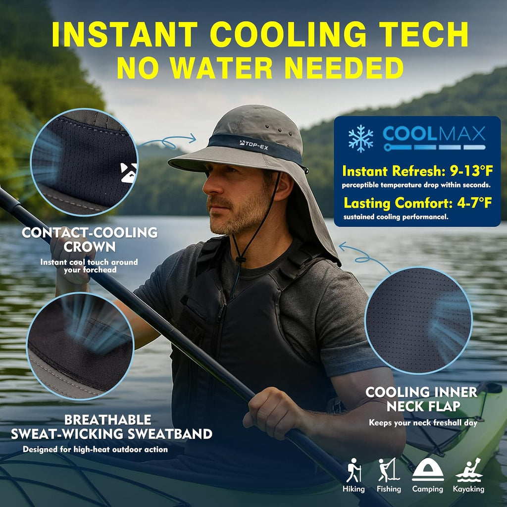 TOP-EX UPF 50+ Cooling Wide Brim Sun Hat for Men with Neck Flap, Packable