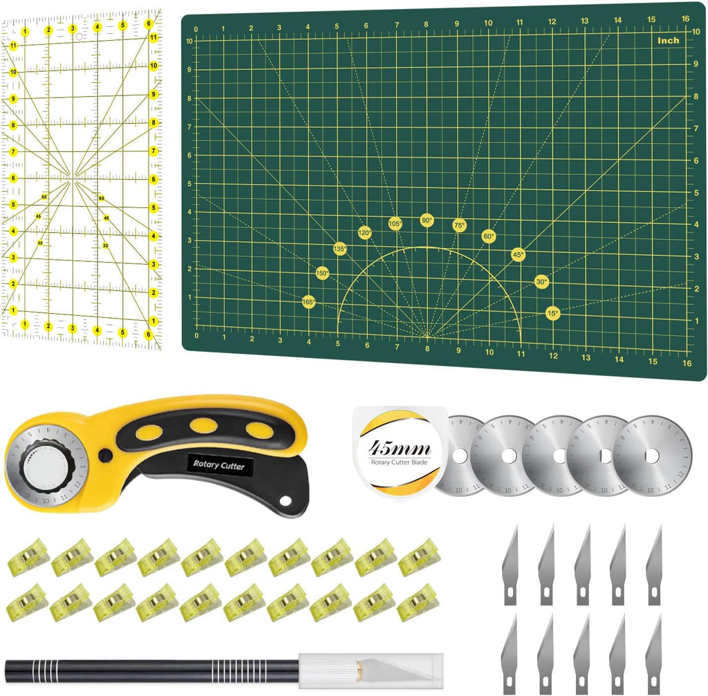 Rotary Cutter Set - Quilting Kit incl. 45mm Fabric Cutter, 5 Replacement Blades, A2 Cutting Mat, Acrylic Quilting Ruler and Sewing Clips, Craft Knife Set, Ideal for Crafting, Sewing, Patchworking