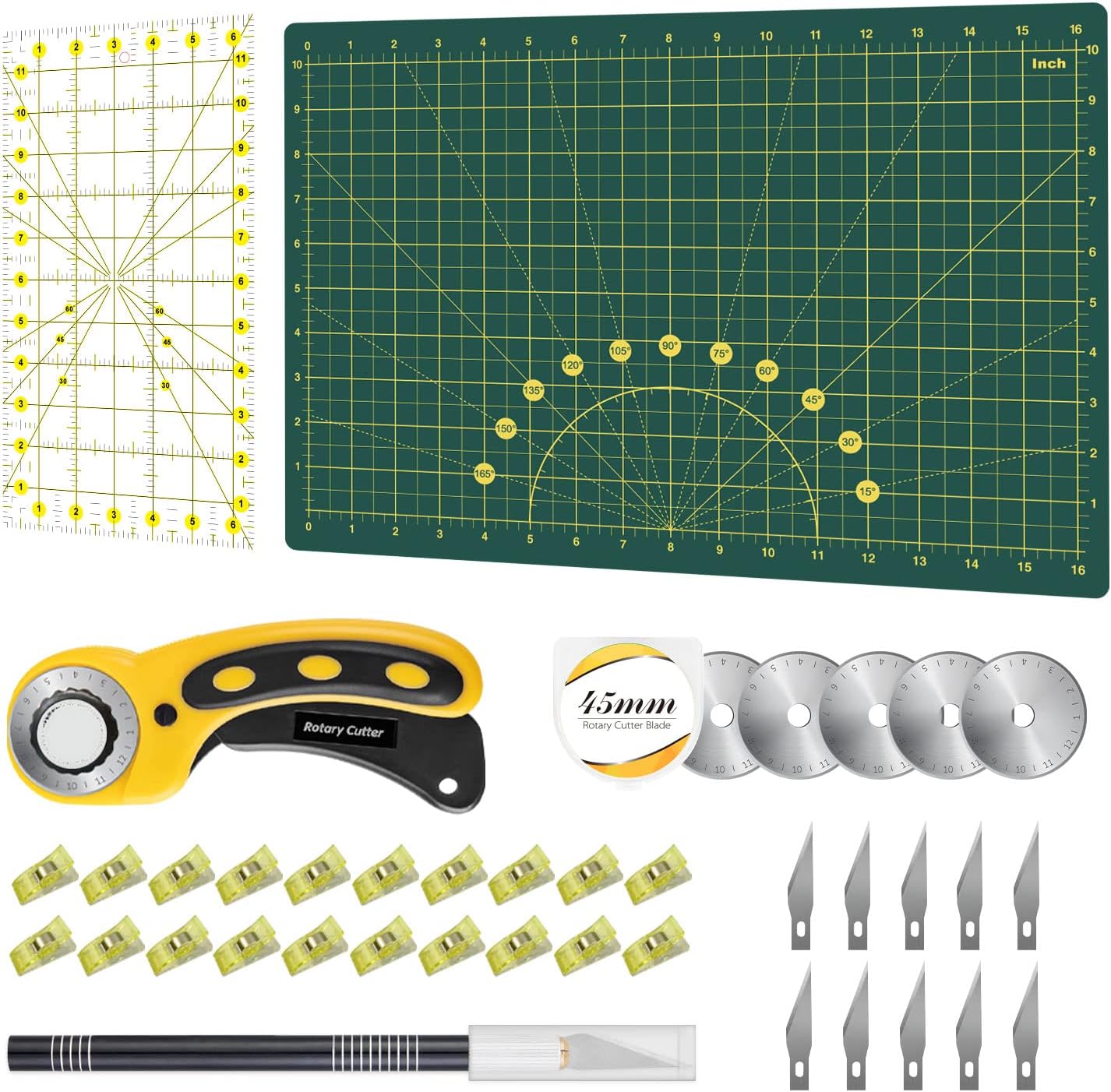 Rotary Cutter Set - Quilting Kit incl. 45mm Fabric Cutter, 5 Replacement Blades, A1 Cutting Mat, Acrylic Quilting Ruler and Sewing Clips, Craft Knife Set, Ideal for Crafting, Sewing, Patchworking