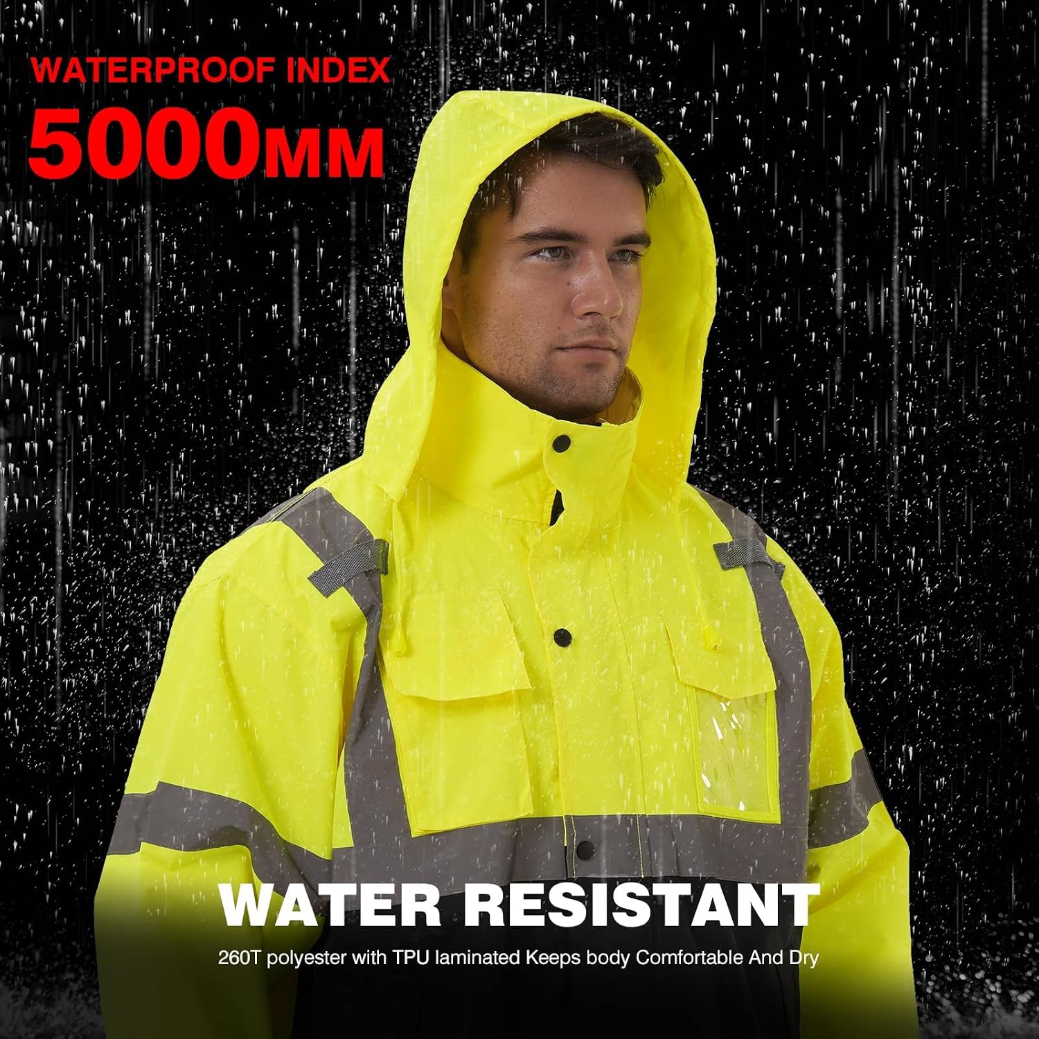 SKSAFETY Hi Vis Safety Rain Jacket for Men, Construction Work Rain Gear Heavy Duty Class 3 Rain Coat Waterproof Lightweight