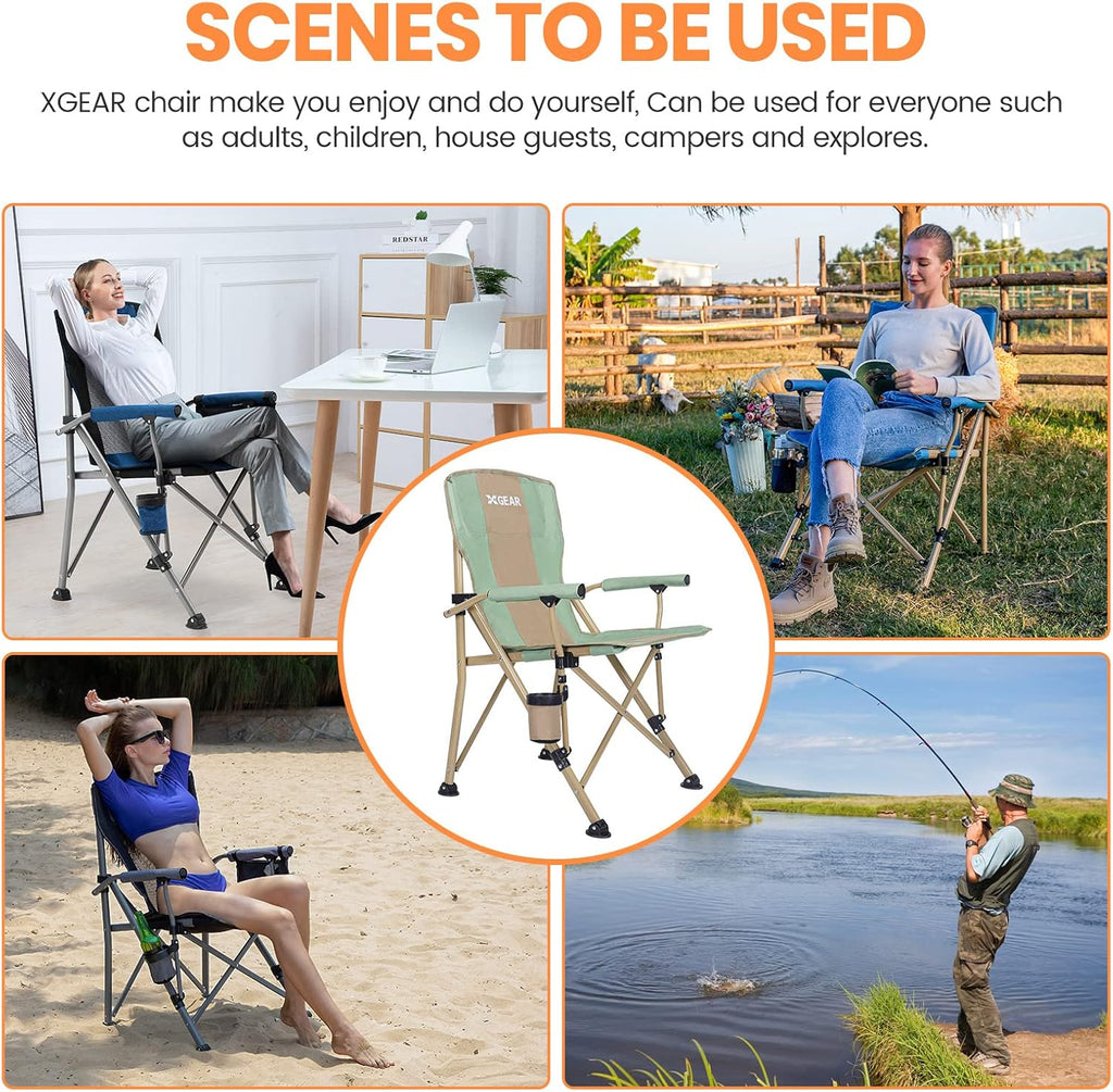 XGEAR 330LB Heavy Duty High Back Hard Arm Camping Chair with Cup Holder