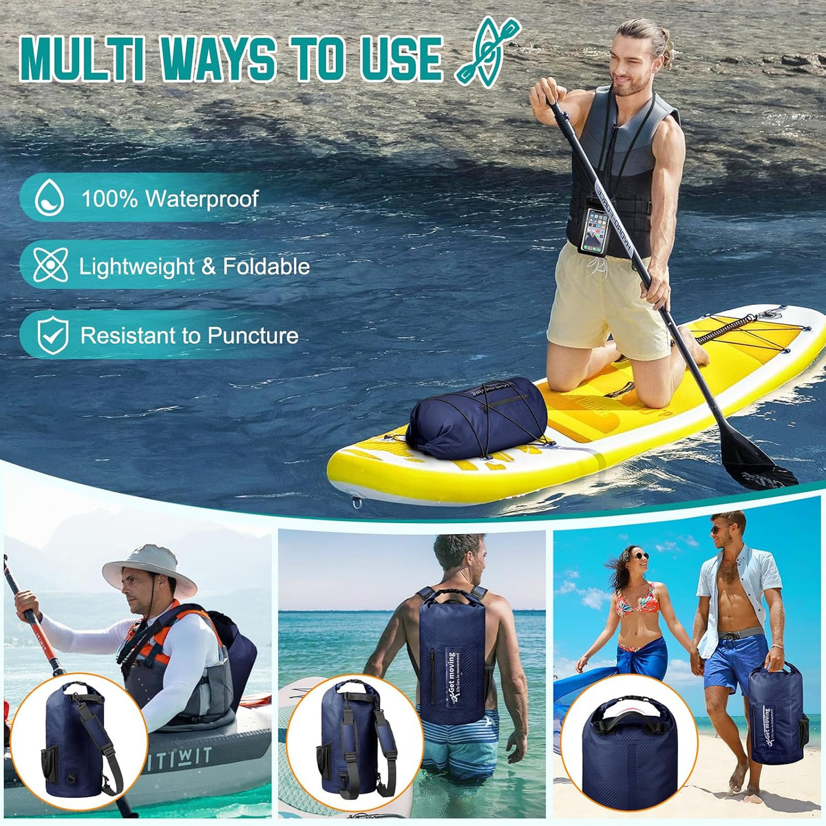 BKNOOU Dry Bag Waterproof for Kayaking, Roll Top Backpack for Women Men