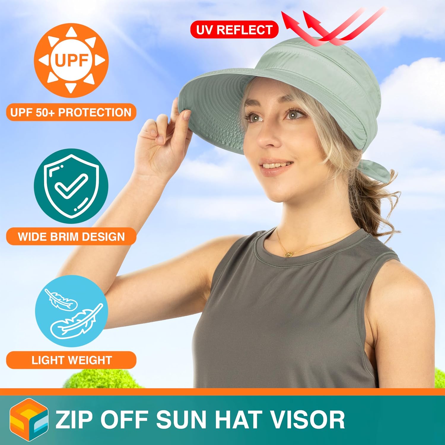 SUN CUBE Womens Sun Hat UV Protection Wide Brim Zip-Off Golf Visor
