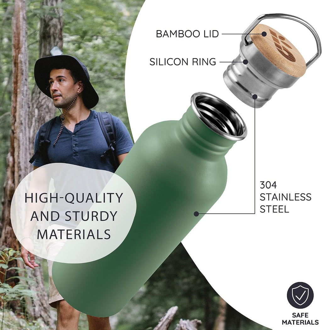 Bambaw Stainless Steel Water Bottle - Non-Insulated, Reusable Metal Sports Bottle, Sage Green/Grey