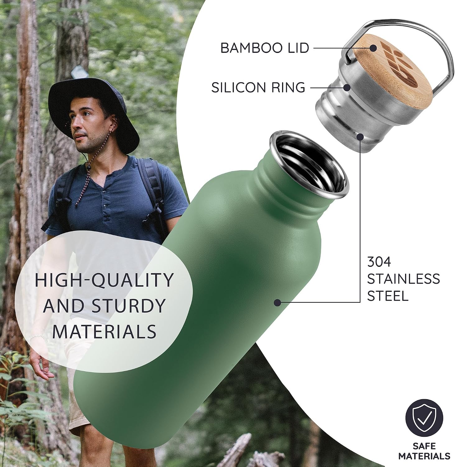 Bambaw Stainless Steel Water Bottle - Non-Insulated, Reusable Metal Sports Bottle, Sage Green/Grey