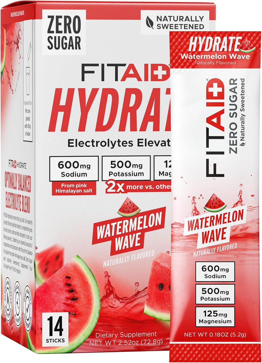 FITAID Hydrate Electrolyte Mix, Watermelon Wave (14 Stick Packs)