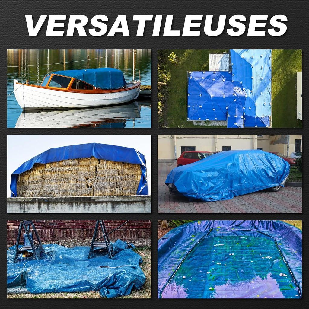 Tarps Waterproof 8x10 Feet, 2 Pack Heavy Duty Blue Tarp Cover 8 Mil Thick, Resistant Plastic Tarpaulin with Metal Grommets, Outdoor Tent Cover for Emergency Rain