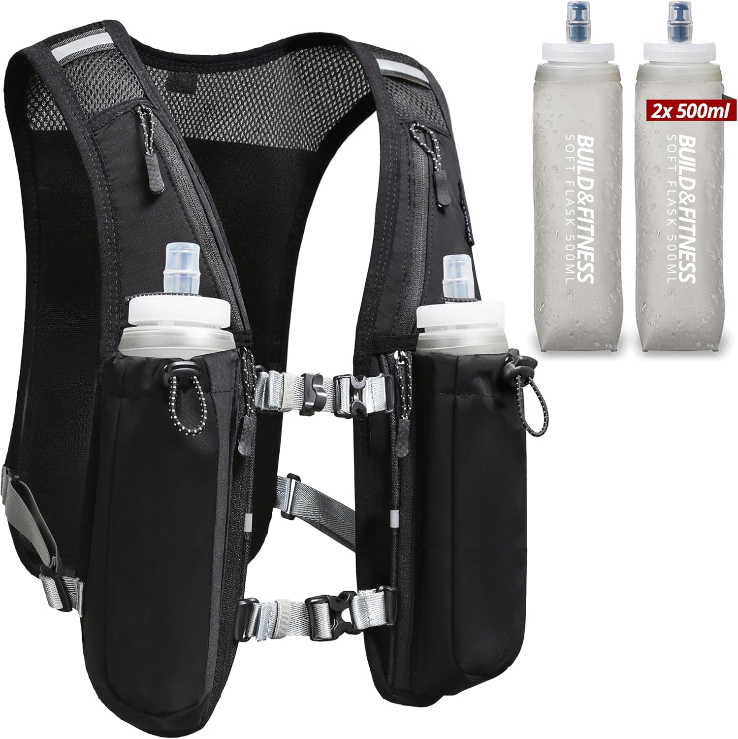 Running Hydration Vest for Women and Men. Reflective, 8 Pocket, Quick Dry, Water-Resistant, Breathable, Adjustable Backpack for Runs, Hiking, Cycling, Trails, Marathons