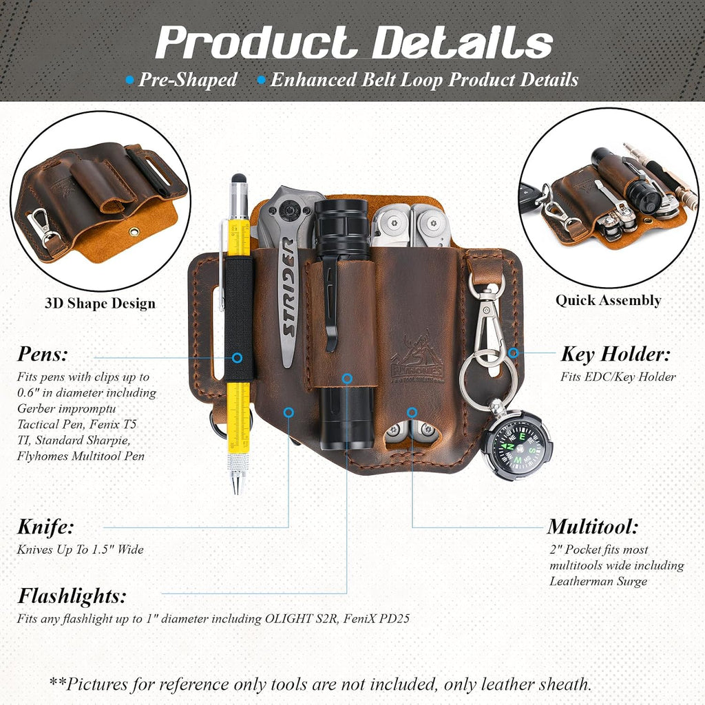 FLYHOMES Leather Multitool Sheath, Fits 4"&4.5" Multi Tool, EDC Belt Pouch