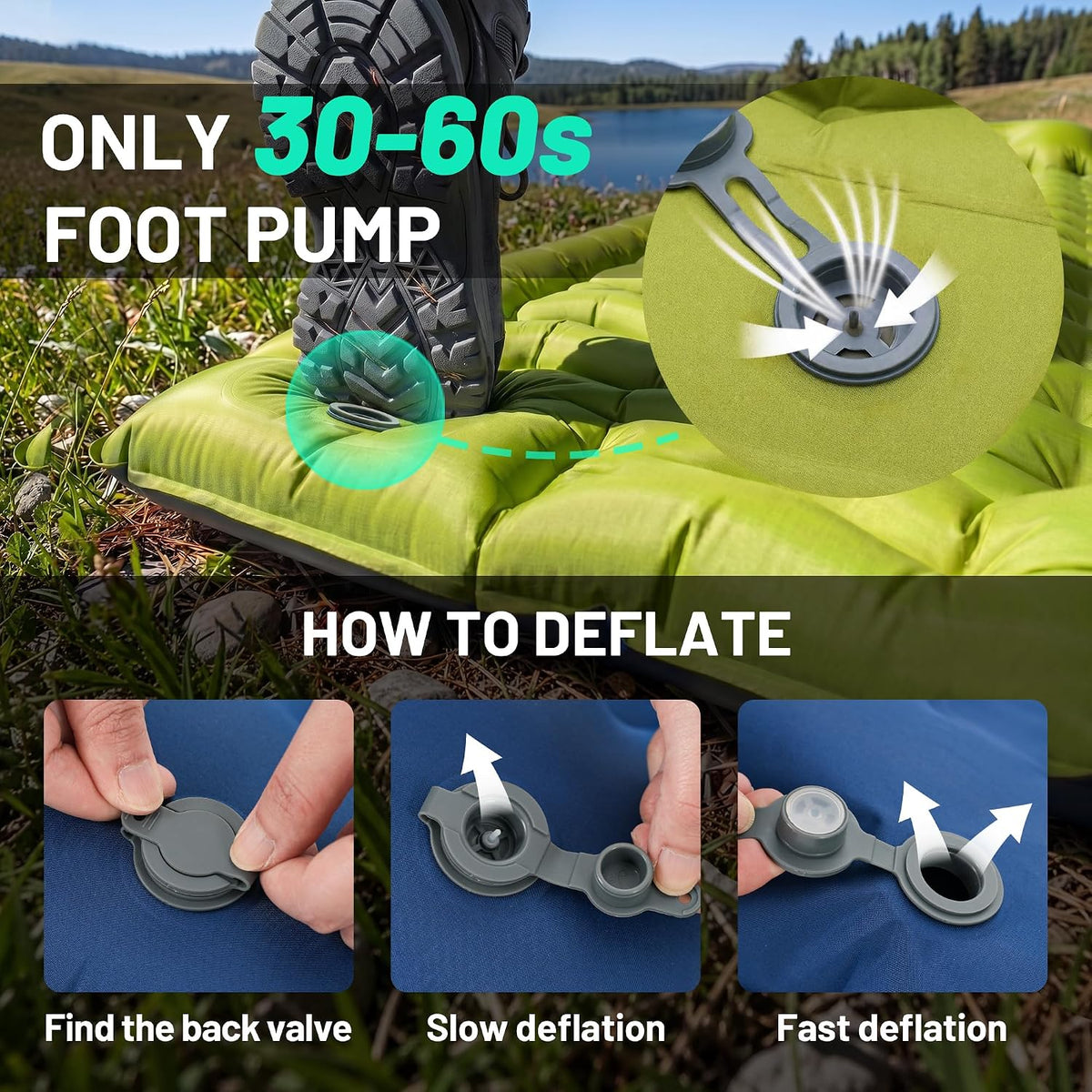 Overmont Ultralight Camping Sleeping Pad with Pillow, Built-in Foot Pump