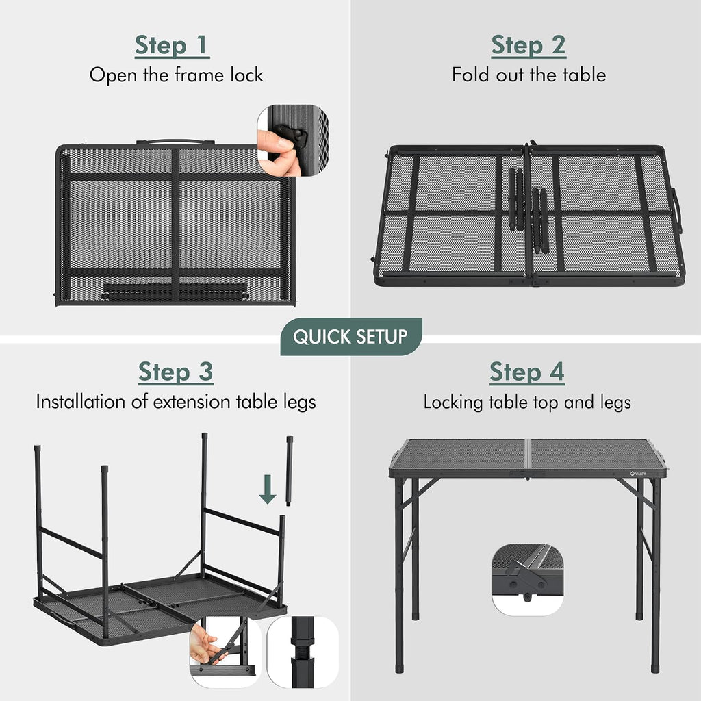 VILLEY 3ft Folding Camping Table, Aluminum Grill Table with Adjustable Legs