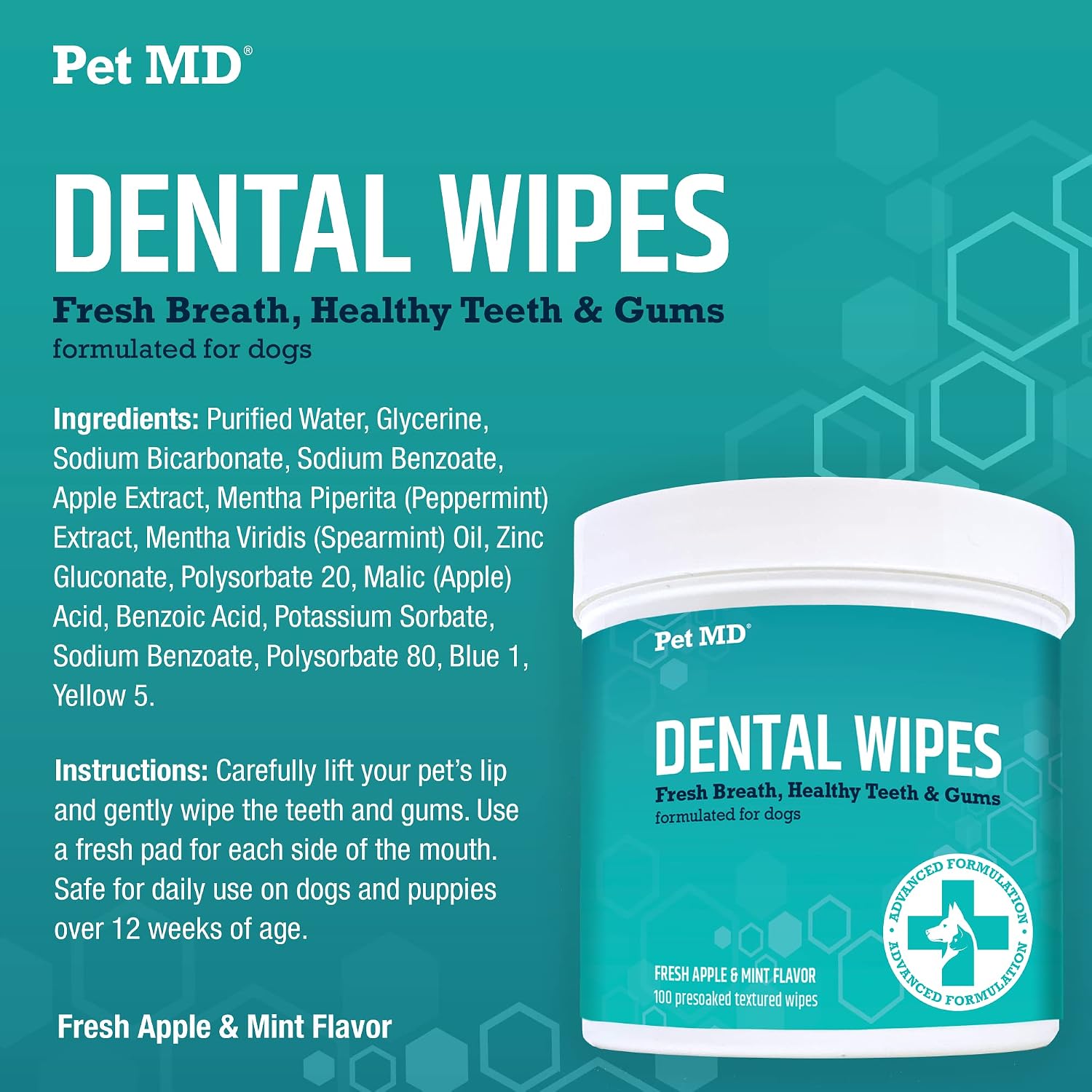 Pet MD Dental Wipes for Dogs Teeth - Fresh Apple & Mint Flavor - 100ct
