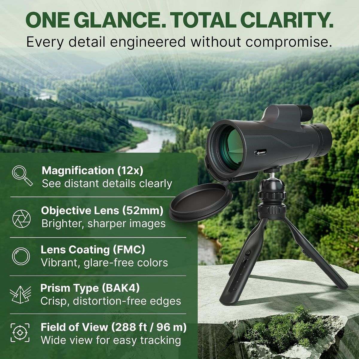 12X50 Monocular Telescope for Adults High Powered with True 12x Magnification with BAK-4 Prism HD Monocular for Bird Watching, Hiking, Hunting, Concert, Travelling, Gift