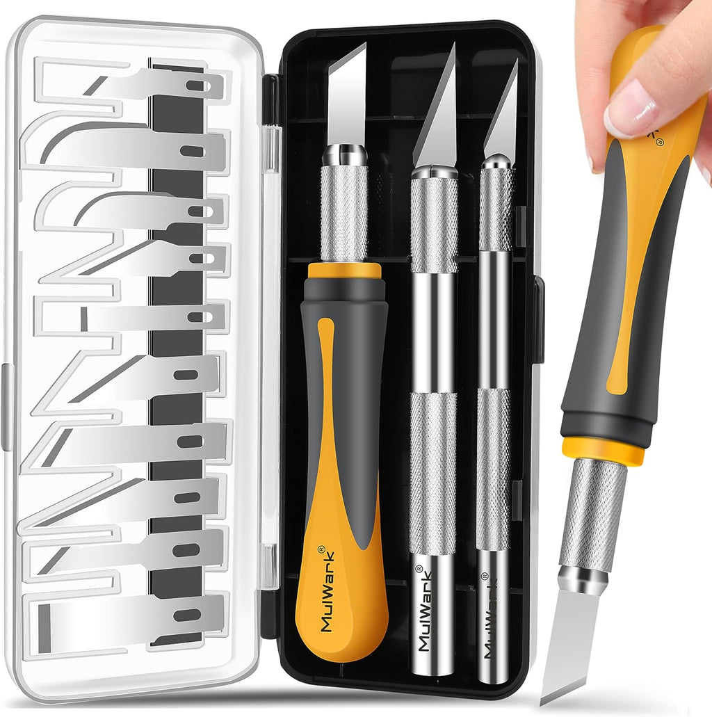 MulWark 41-Piece Precision Hobby Knife Set - Exacto Knife Set For Modeling - Craft Knife Handle Customized With Chiseling, Stencil Edge And Fine Point Blades With Sharpening Stone And Steel Ruler
