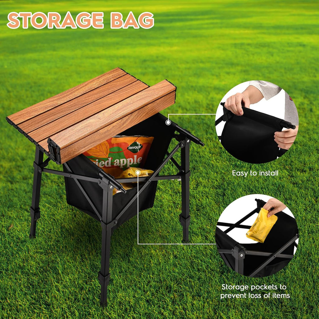 Aluminum Camping Side Table, Compact Folding Outdoor Portable Beach Small Camp Table with Carry Bag and Storage, Picnic, Hiking, Fishing, Grill(Wooden)
