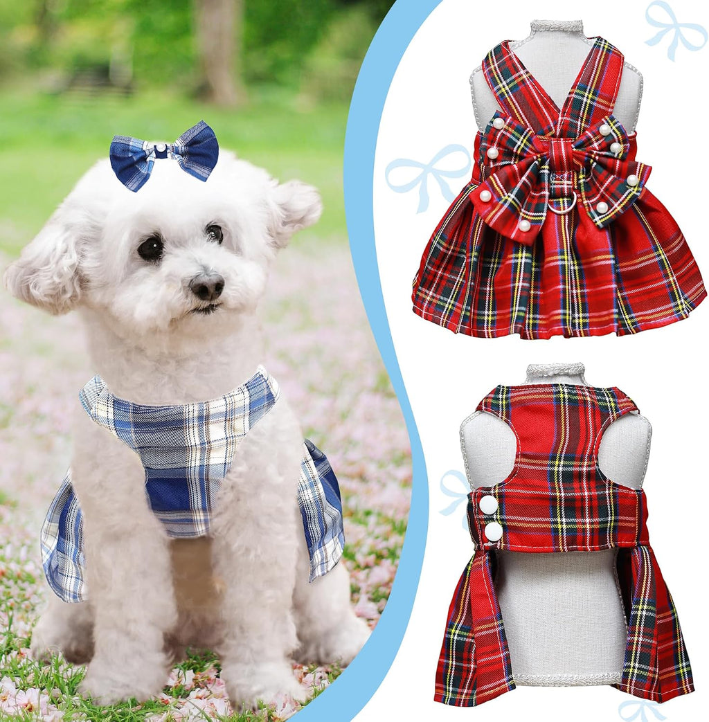 Dog Dress Bowknot Harness Leash Set for Small Dogs Girl Cute Plaid Dog Dress Pearls Bow Tie Spring Summer Princess Clothes Birthday Holiday Doggie Outfits for Puppy Cats Girl Apparel (Red, Small)