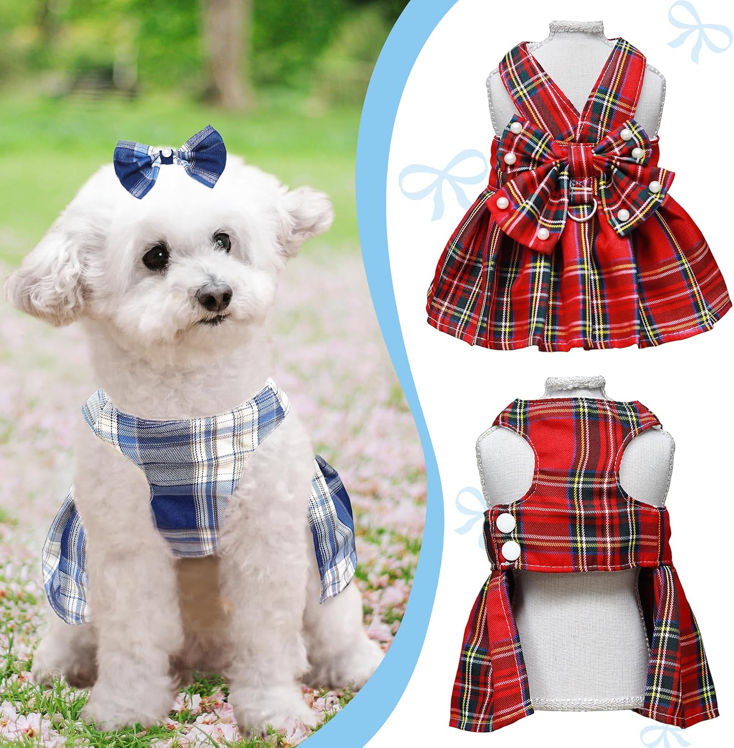 Dog Dress Bowknot Harness Leash Set for Small Dogs Girl Cute Plaid Dog Dress Pearls Bow Tie Spring Summer Princess Clothes Birthday Holiday Doggie Outfits for Puppy Cats Girl Apparel (Red, Small)