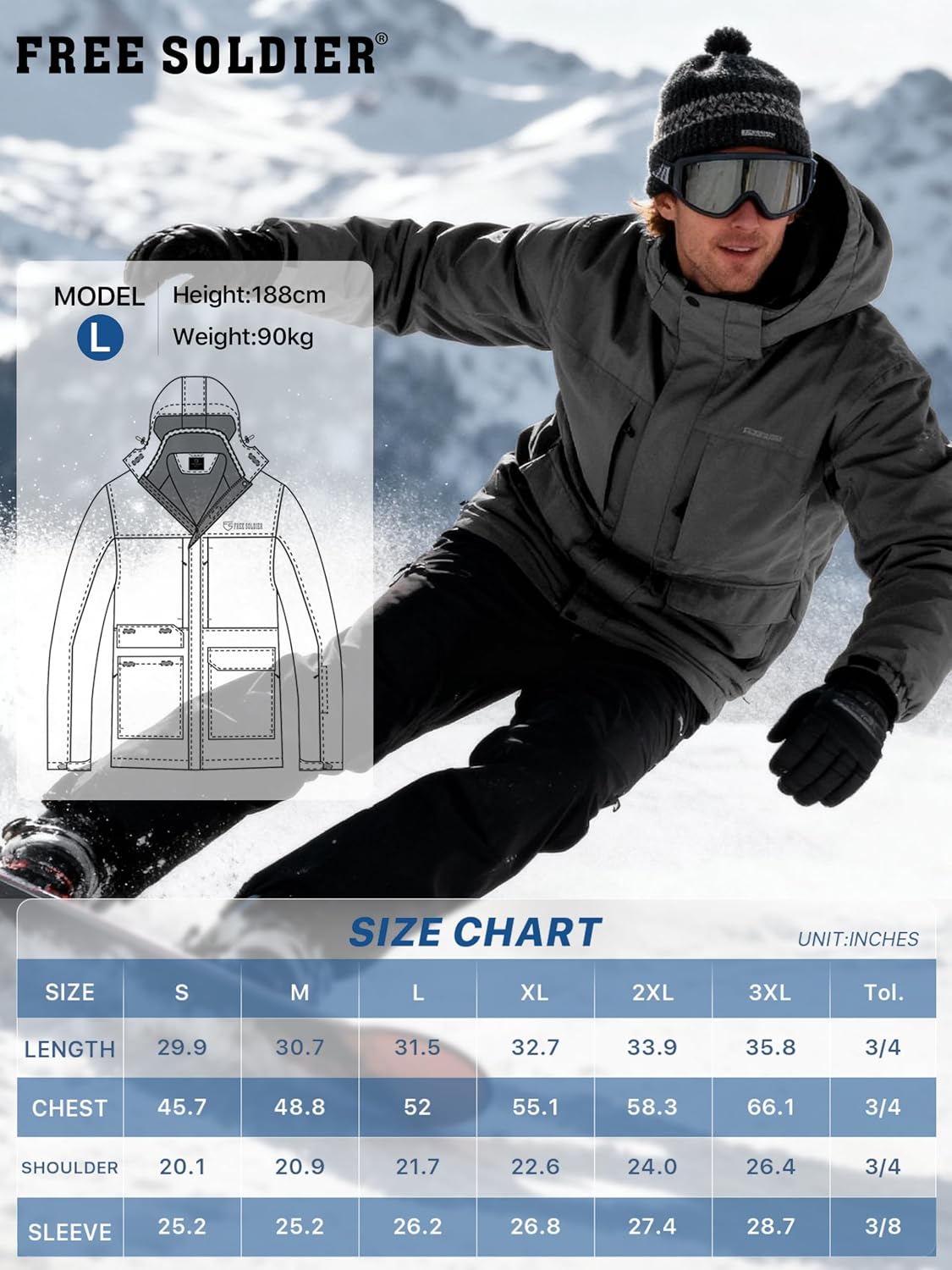 FREE SOLDIER Men's Waterproof Ski Jacket Fleece Lined Warm Winter Snow Coat with Hood Fully Taped Seams