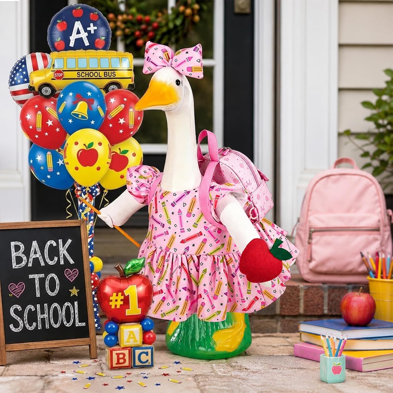 Back to School Porch Goose Outfit Set for 23'' Plastic Statue, Lawn Porch Goose Clothes with Apple for School Outdoor Garden Yard Patio Decor(Back to School)