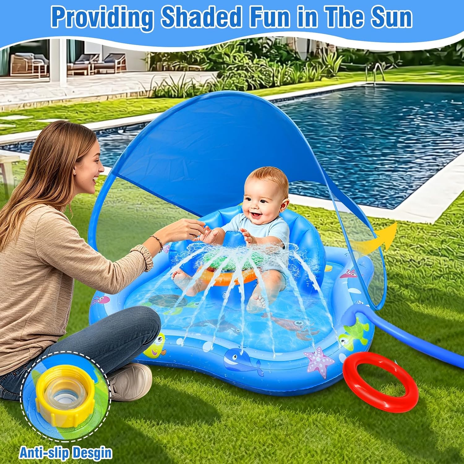 Baby Play Mat with Sprinkler, Pool Floats with Canopy for Age 6-36 Months | Inflatable Kiddie Pool with Backrest & Stackable Rings Water Sprinkler for Kids Outdoor Water Play Toys,Backyard Water Games