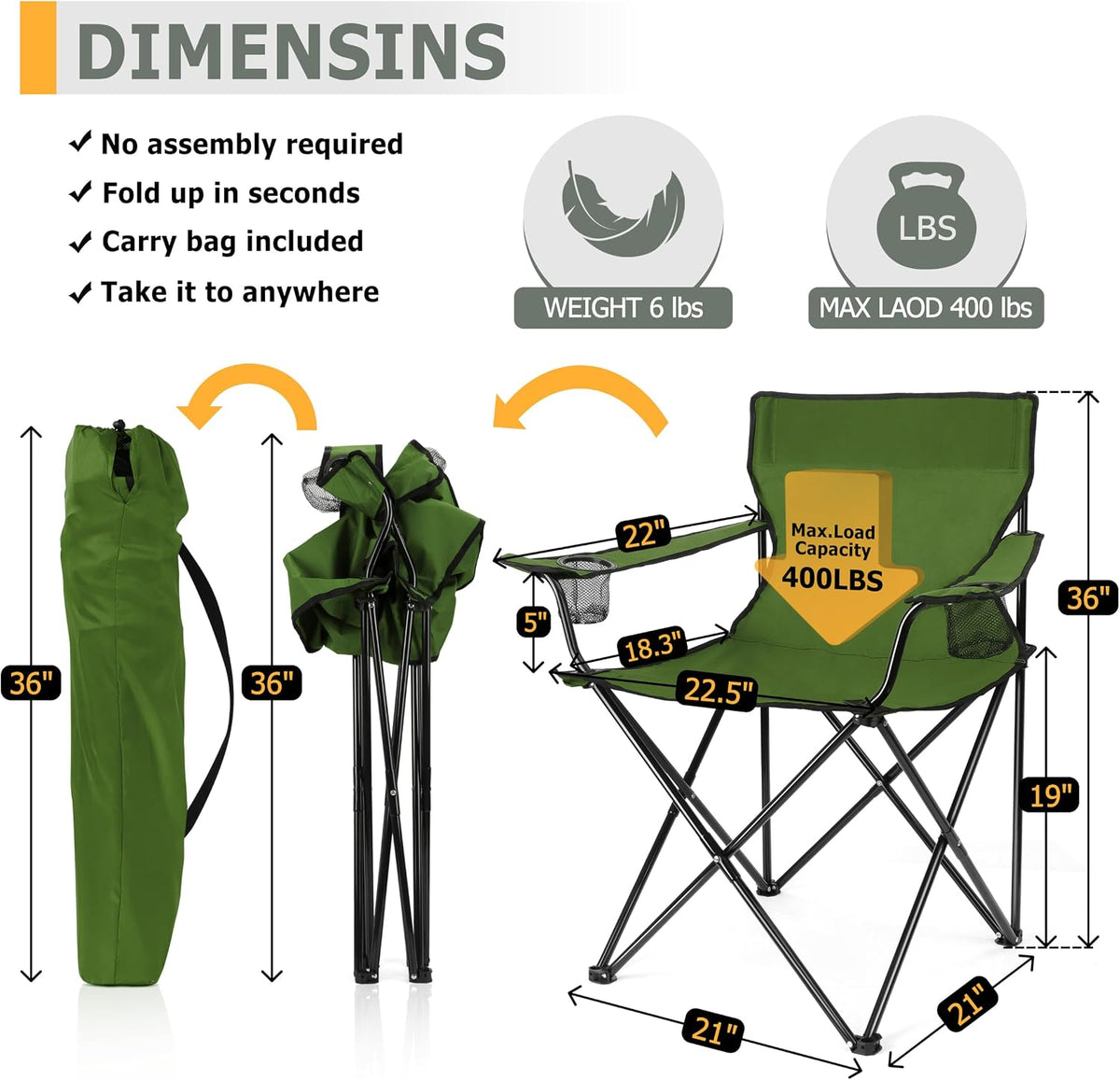 Joyfair Camping Chairs for Lawn & Beach, Large for Adults, Olive Green