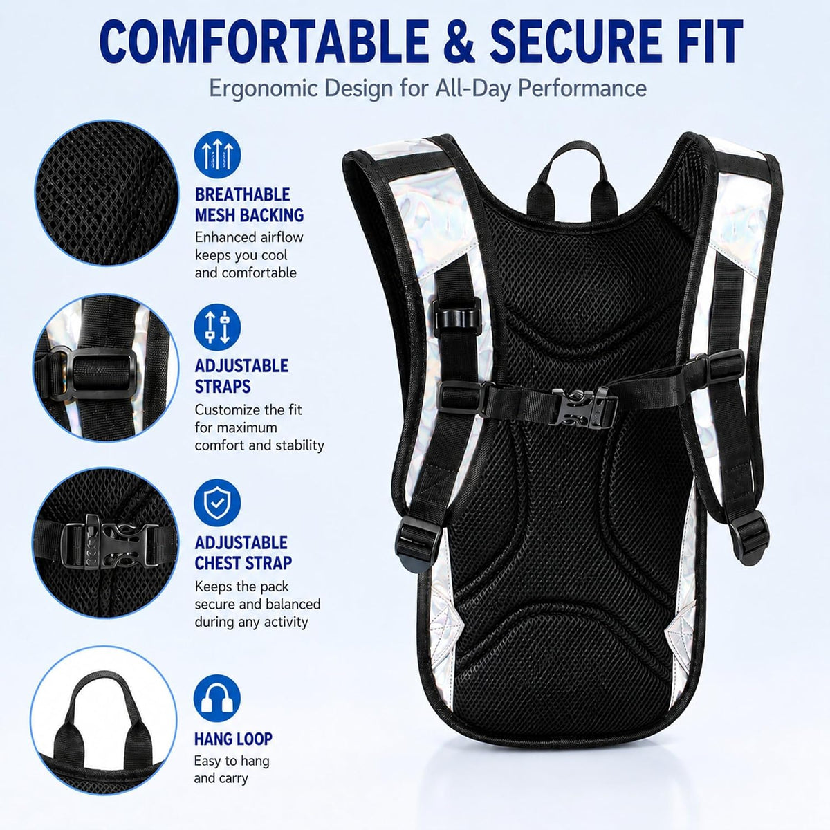 Reflective Hydration Backpack, Hydration Pack - Water Backpack with 2L Hydration Bladder, Essential for Festivals - Rave Hydration Pack for Hiking, Running, Cycling, and Festivals