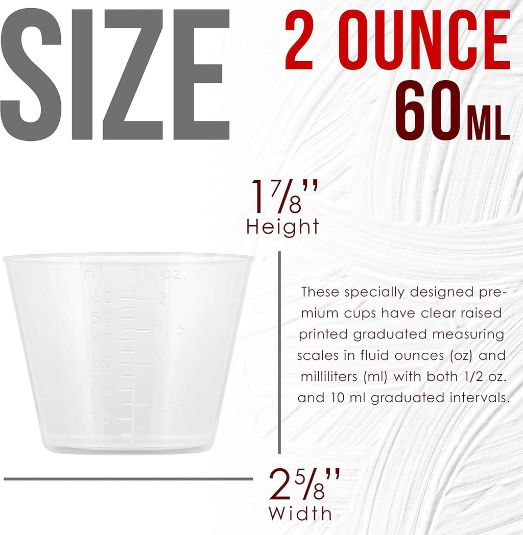 Pouring Masters 2 Oz (60 ml) Liquid Measuring Cups, 100 Pack with 25 Sticks
