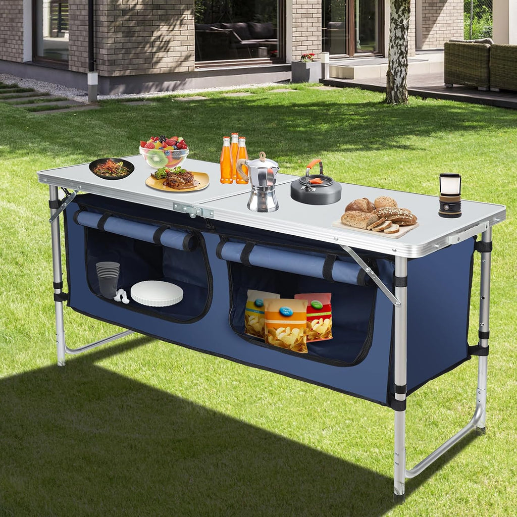 Outdoor Folding Camping Table with Storage Organizer(Blue)