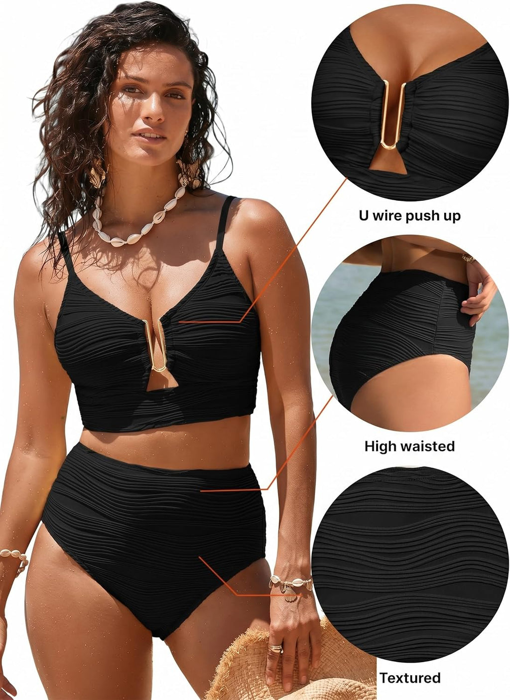 Herseas Women High Waisted U Wired Texured 2 Piece Bikini Sets
