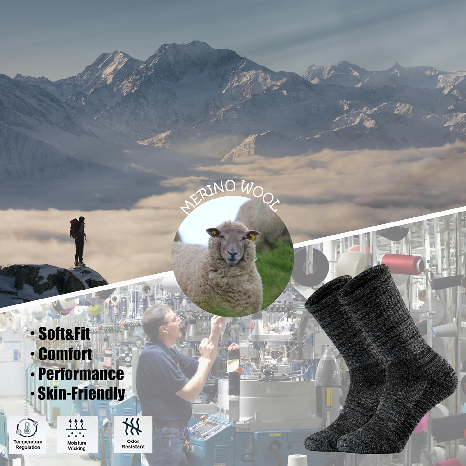 Ortis Merino Wool Socks for Men Outdoor Hiking Casual Soft Cushion Crew