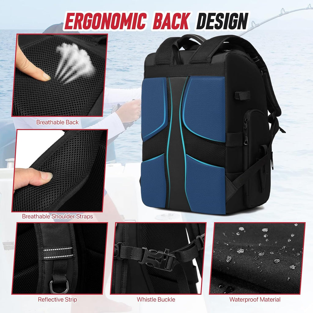 Fishing Tackle Backpack,40L Tackle Bag with 2 Rod Holders,Water-Resistant Large Storage Fishing Gear and Equipment(Black)