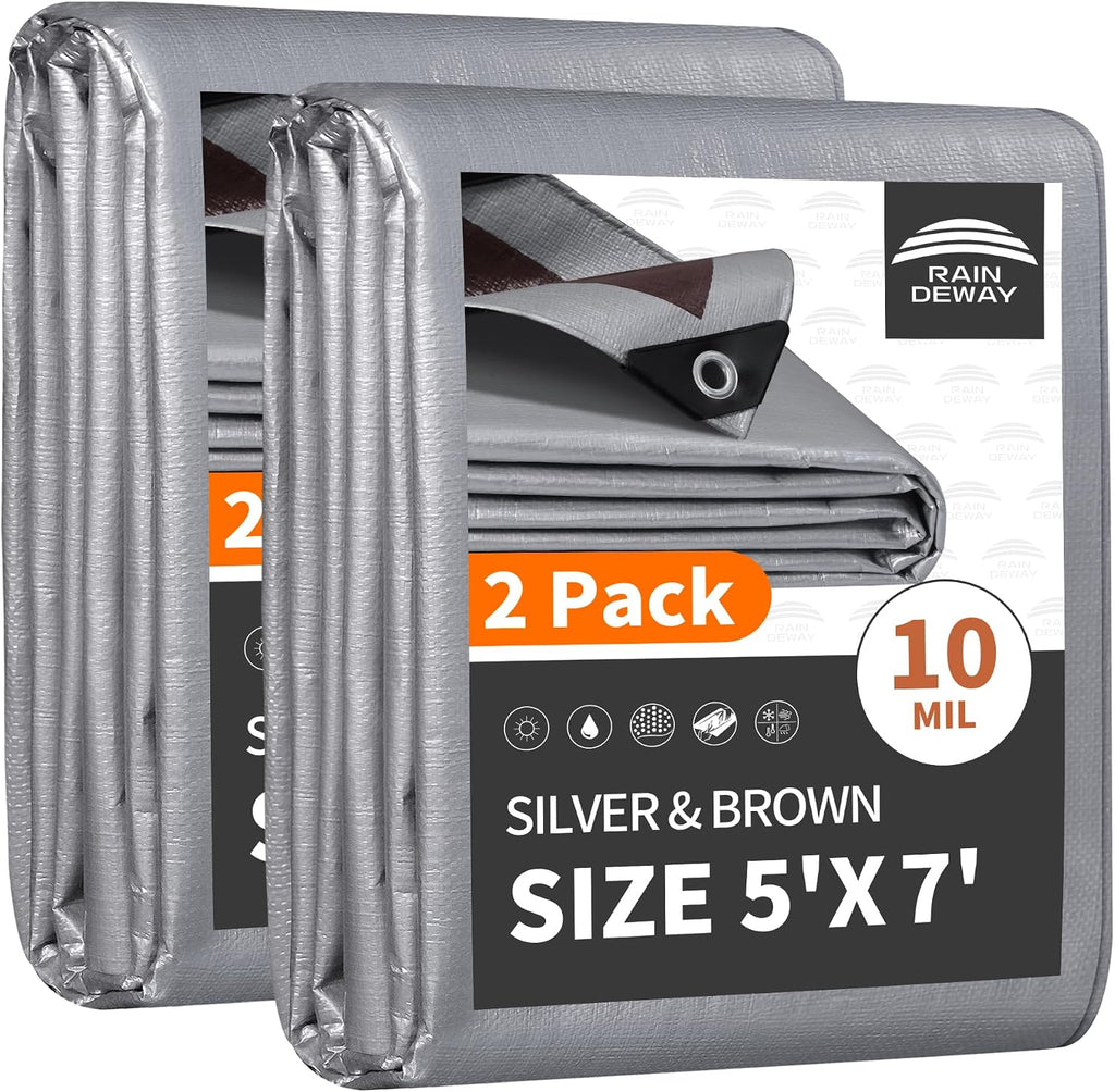 RAINDEWAY 5x7 Feet(2 Pack) Tarps Heavy Duty Waterproof,10Mil Small Tarp