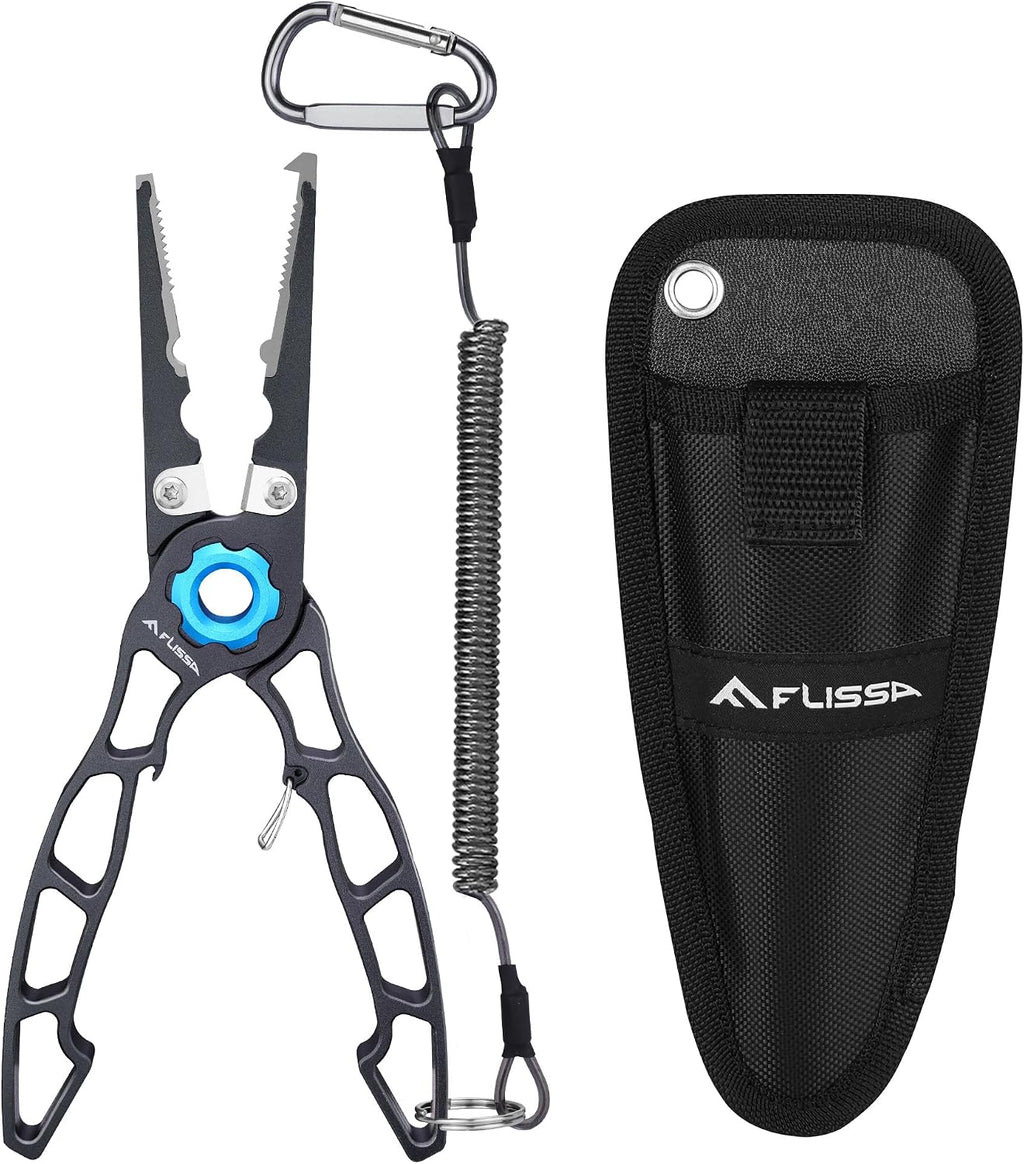 FLISSA Fishing Pliers, Safety Lock Design Fish Pliers Saltwater, Aluminum Hook Remover, Titanium 6Al-4V Jaw and Tungsten Carbide Line Cutters, Sheath & Lanyard, Fishing Gear Gifts for Men