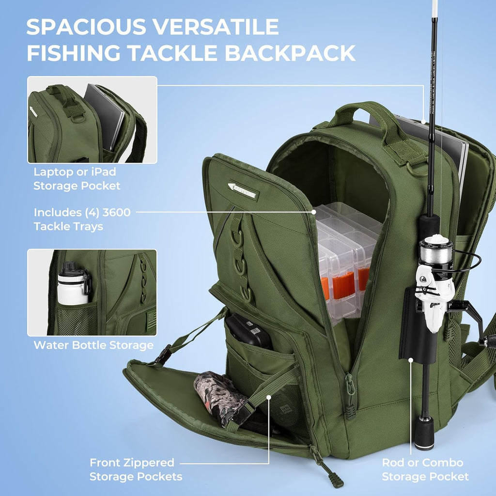 KastKing KarryAll Fishing Backpack with Rod Holder 4 Tackle Boxes, 40/26L
