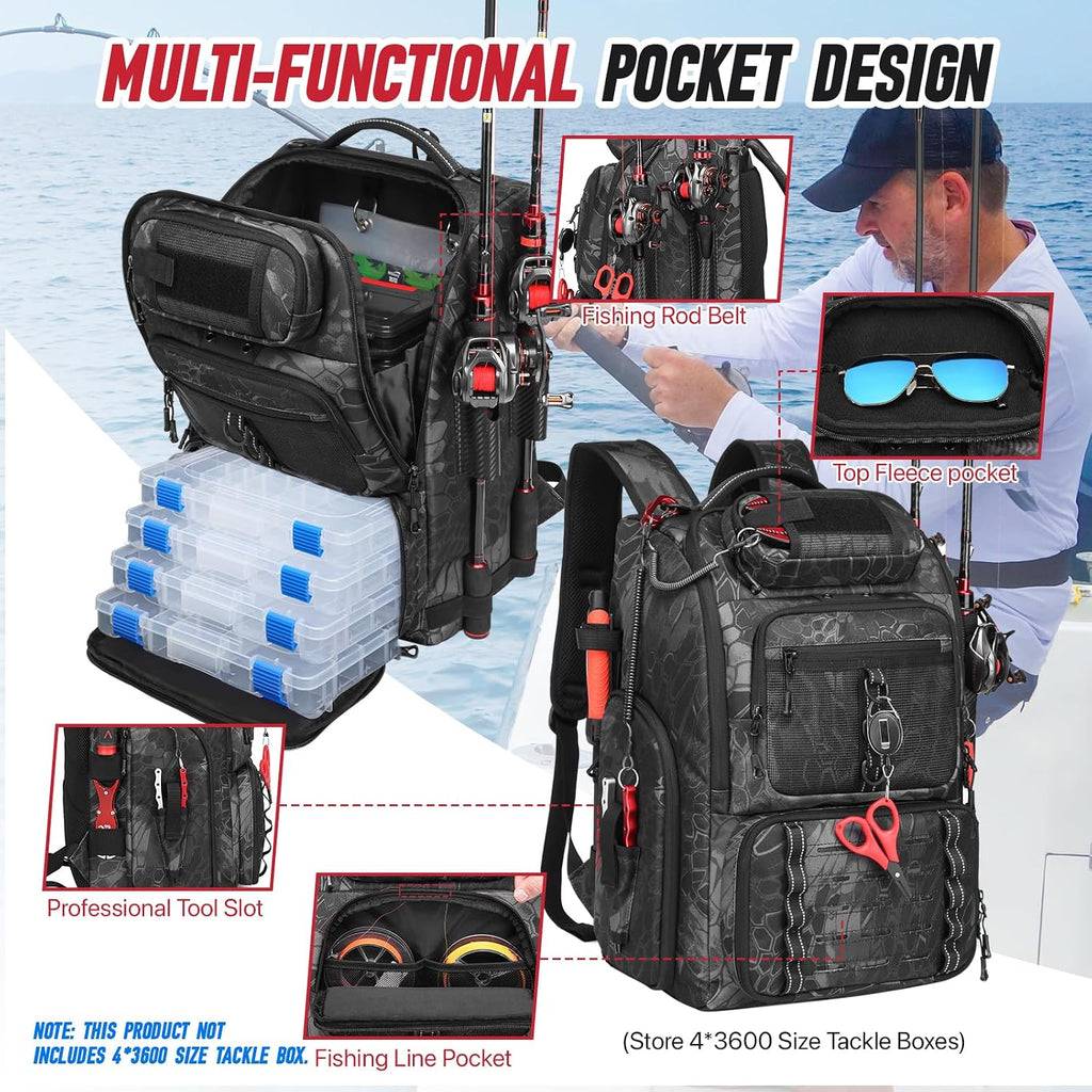 Fishing Tackle Backpack,Tackle Bag with 2 Rod Holders,Water-Resistant Large Storage Fishing Gear and Equipment (B-Black Camo)
